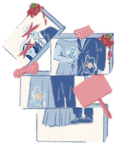 dismantled boxes of a married man-woman couple, covered with tomatoes, a dildo and a picket sign