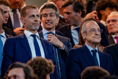 Real Madrid president Florentino Perez, sat next to Uefa chief Aleksander Ceferin