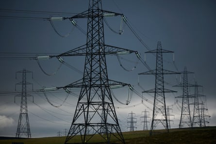 Lines of electricity pylons on the moors near Ripponden, West Yorkshire