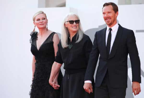 Kirsten Dunst, director Jane Campion and Benedict Cumberbatch presenting The Power of the Dog in Venice.