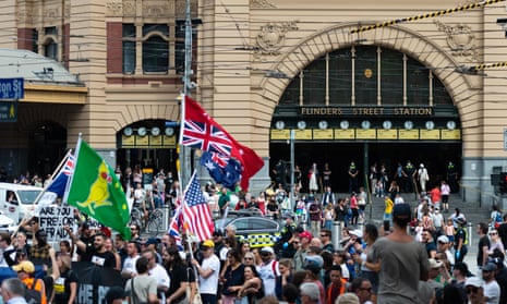 Part of the ‘freedom rally’ in front of Melbourne’s Flinders Street station