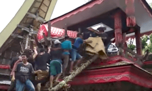 A funeral procession in Sulawesi, Indonesia. A man has died after his motherâs coffin fell from a funeral tower and crushed him.