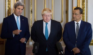 John Kerry, Boris Johnson and the UN special envoy for Yemen, Ismail Ould Cheikh Ahmed, in London