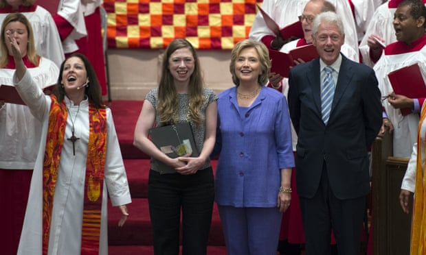 Bill Clinton joins Hillary and their daughter Chelsea at the Foundry United Methodist church’s Bicentennial Homecoming Celebration in Washington on Sunday.