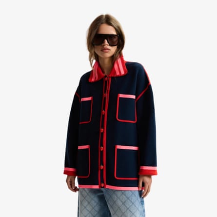 Navy, red and pink fine-knit cardigan