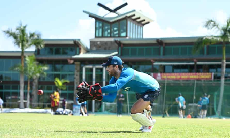 The England wicketkeeper Ben Foakes catches during a nets session at Coolidge Cricket Ground on 28 February 2022 in Antigua, Antigua and Barbuda.