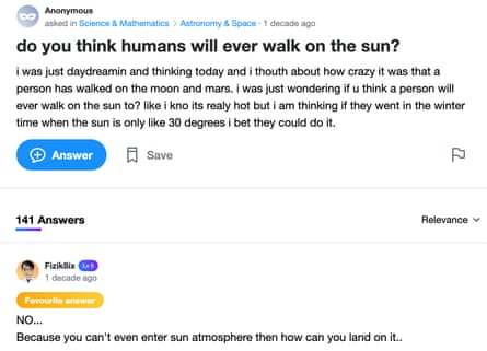 A screengrab from a Yahoo! Answers page asking: do you think humans will ever walk on the sun?