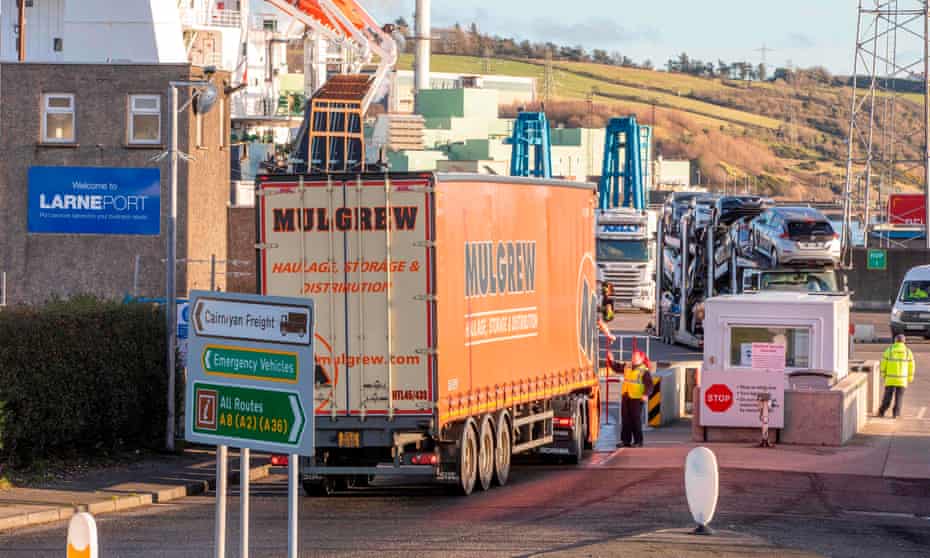 A lorry passes through security at the Port of Larne in Co Antrim, Northern Ireland.
