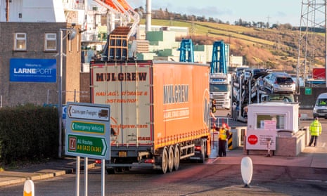 A lorry passes through security at the Port of Larne in Co Antrim, Northern Ireland.
