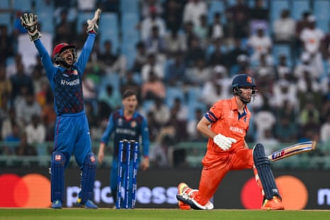 Ikram Alikhil celebrates after the dismissal of Netherlands’ Paul van Meekeren.