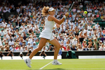 Mirra Andreeva plays a shot during her quarter-final against Belinda Bencic