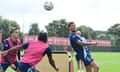 Arsenal Training Session<br>LONDON COLNEY, ENGLAND - SEPTEMBER 03: (L-R) Leandro Trossard, Raheem Sterling and Ben White at Sobha Realty Training Centre on September 03, 2024 in London Colney, England. (Photo by Stuart MacFarlane/Arsenal FC via Getty Images)