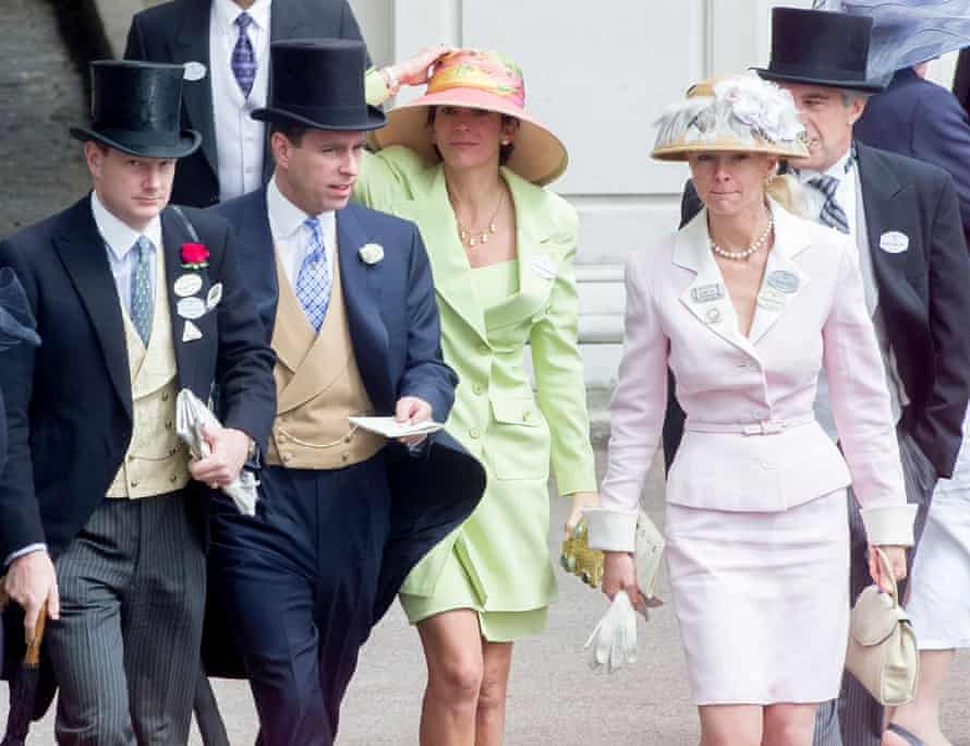 Maxwell (in green dress) at Royal Ascot in 2000, with Prince Andrew (second from left) and Jeffrey Epstein (far right).
