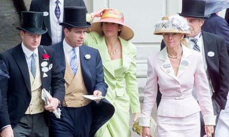 Prince Andrew with Jeffrey Epstein, far right, and Ghislaine Maxwell, centre, at Royal Ascot in 2000.