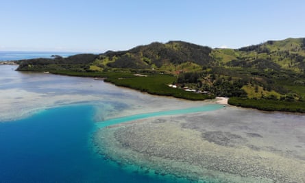 Damage to the reef is clear from the air above Malolo Island in Fiji.