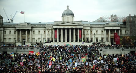 Protesters gather in Trafalgar Square.