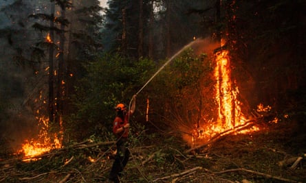 A firefighter from the BC wildfire service works to contain a planned ignition on the Tsah Creek wildfire outside Vanderhoof, British Columbia, Canada, 12 July.