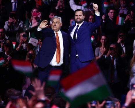 Hungarian prime minister Viktor Orbán and American vice-president JD Vance during the rally in Budapest, Hungary.