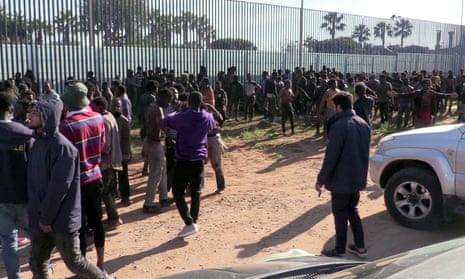Migrants arriving at a temporary centre in the Spanish exclave of Melilla, 2 March 2022.