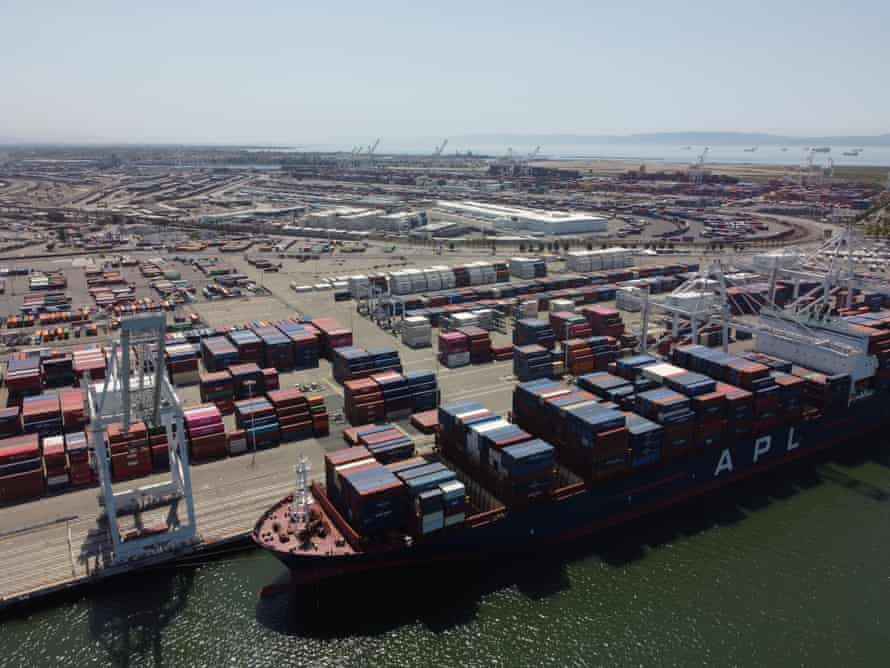 A ship seen parked at the port of Oakland, in the San Francisco Bay Area.