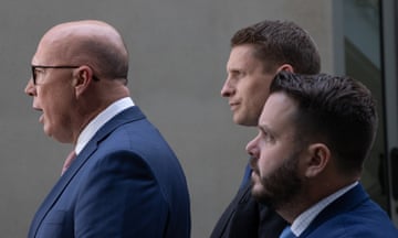 Peter Dutton, Andrew Hastie and Philip Thompson voice their opposition to Labor’s new ADF recruitment plan outside Parliament House in Canberra on Tuesday.