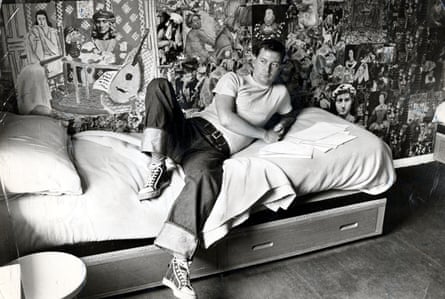 Playwright Joe Orton, who was imprisoned for replacing illustrations in genteel books with homoerotic pin-ups, at home in north London in 1964