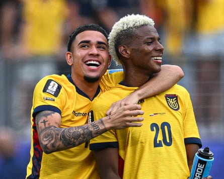 Ecuador v Germany: Group E - FIFA World Cup 2026EAST RUTHERFORD, NEW JERSEY - JUNE 25: Kendry Paez #10 of Ecuador and Nilson Angulo #20 of Ecuador celebrate after the FIFA World Cup 2026 Group E match between Ecuador and Germany at New York New Jersey Stadium on June 25, 2026 in East Rutherford, New Jersey. (Photo by Stephen Nadler/ISI Photos/ISI Photos via Getty Images)