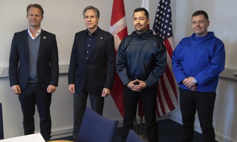 US secretary of state Antony Blinken (second left), Danish foreign minister Jeppe Kofod (left), Greenlandic premiere Mute Egede (second right) and minister of foreign affairs Pele Broberg (right) at the Joint Arctic Command Office in Kangerlussuaq, Greenland, in May.