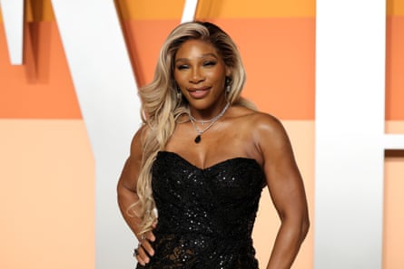 Serena Williams attending the 2025 Vanity Fair Oscar party, wearing a black dress