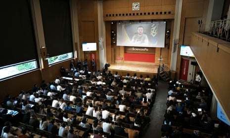 Volodymyr Zelenskiy speaks to students at the Institute of Political Studies (Sciences Po) in Paris.