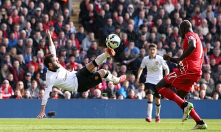 Juan Mata scores a spectacular volley during Manchester United’s 2-1 win at Anfield in 2015, under Louis van Gaal.