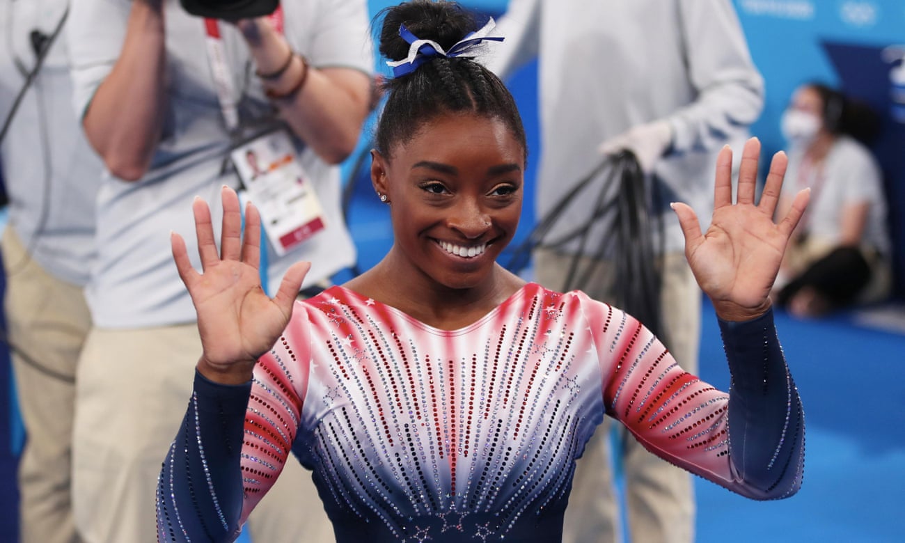 Simone Biles celebrates her Olympic bronze medal in Tokyo on Tuesday