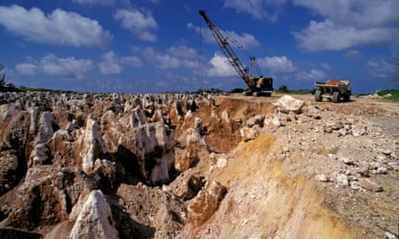 A phosphate mining site on Nauru, now exhausted, leaving a barren terrain of limestone pinnacles.