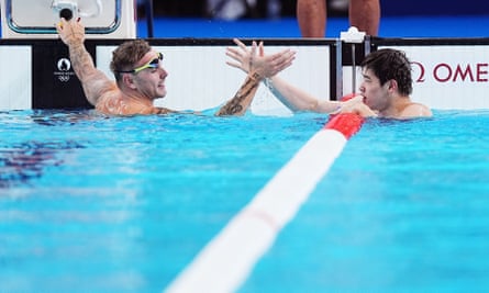 China’s Pan Zhanle shakes hands with Australia’s Kyle Chalmers after the 100m freestyle final.