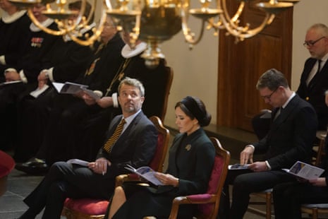 Crown prince Frederik of Denmark (L) and crown princess Mary of Denmark attend the Danish parliament’s service to mark the one-year anniversary of the Russian invasion of Ukraine, in Holmens Church in Copenhagen.
