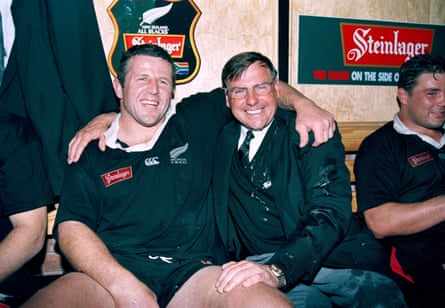 Sean Fitzpatrick and John Hart celebrate after the second Test against South Africa in Pretoria on 24 August 1996