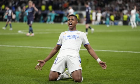 Real Madrid’s Rodrygo celebrates after scoring his second goal to take the game into extra time.