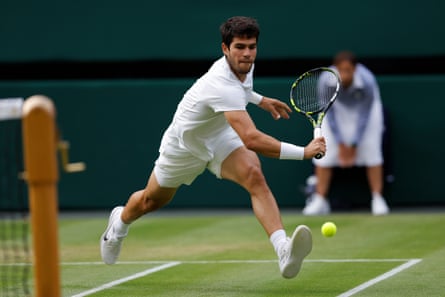 Carlos Alcaraz during the Men's Singles fourth round match between Carlos Alcaraz and Matteo Berrettini during day eight of The Championships Wimbledon 2023 at All England Lawn Tennis and Croquet Club.