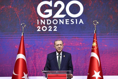 Turkish President Recep Tayyip Erdoğan holds a press conference in Indonesia.