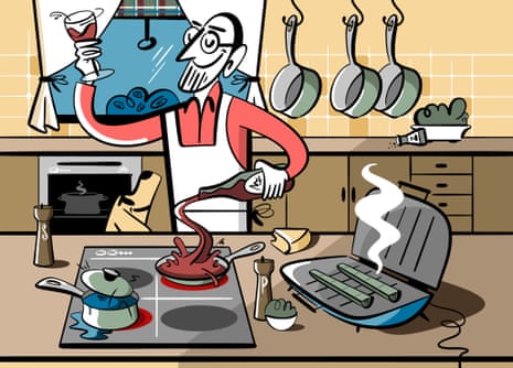 illustration of cook at home with wine and a sandwich toaster