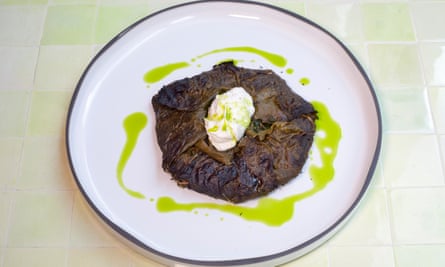 Filled vine leaves on a round white plate