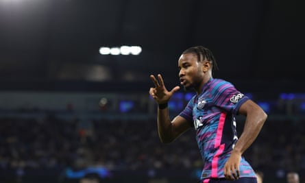 Christopher Nkunku celebrates after scoring a hat-trick for RB Leipzig against Manchester City at the Etihad Stadium last season.