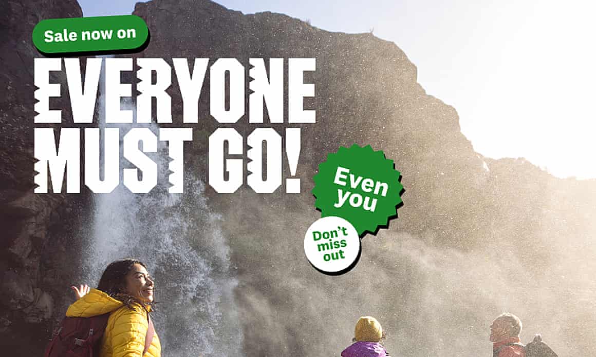 Campaign image of people in outdoor gear standing near a waterfall. The words ‘Sale now on: everyone must go’ and ‘even you’, ‘don’t miss out’ are printed on it