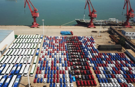 Vehicles wait for shipment at Lianyungang Port on August 8, 2018 in Lianyungang, Jiangsu Province of China.