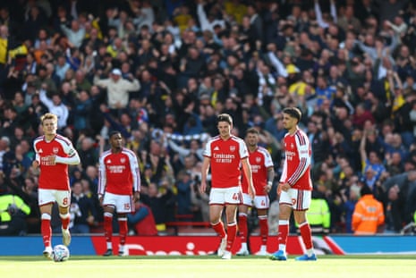 Arsenal's Declan Rice and Kai Havertz look dejected after Leeds United's James Justin scores their first goal