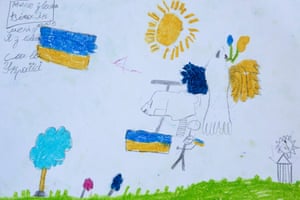 A dove with blue and yellow wings, the colours of Ukraine, soars among helicopters and trees. Vitalik, 9, from Lviv, writes: ‘Glory to Ukraine!’