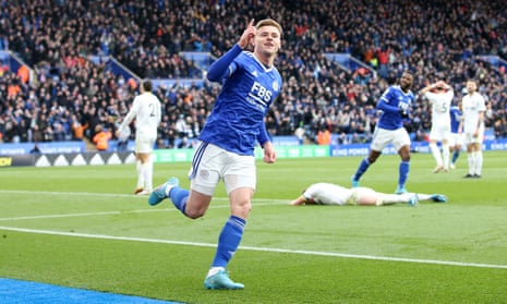 Harvey Barnes celebrates scoring what proved the only goal of the game as Leicester beat Leeds