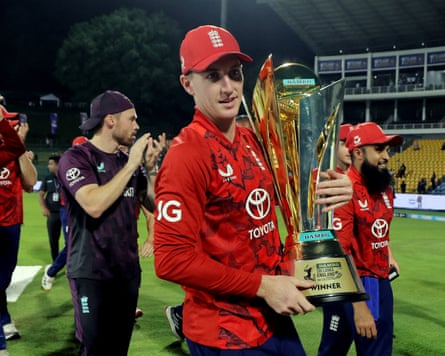 England’s Harry Brook celebrates with the trophy after winning the series in Sri Lanka