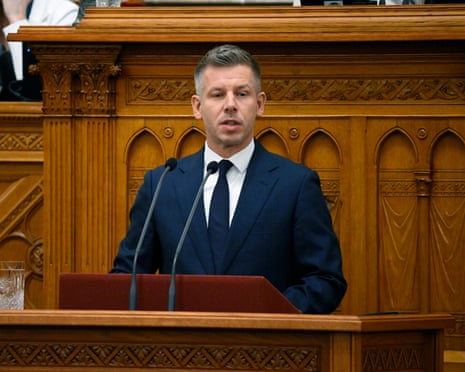 Hungarian prime minister Péter Magyar speaks during an extraordinary session of the Hungarian Parliament in Budapest, Hungary.