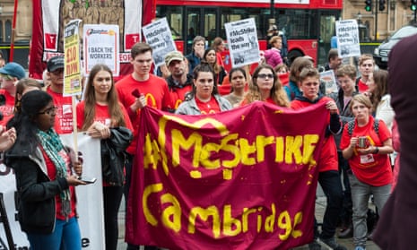 McDonald’s employees and trade unionists gather outside parliament on 4 September, the day of the first ever strike at McDonald’s in the UK